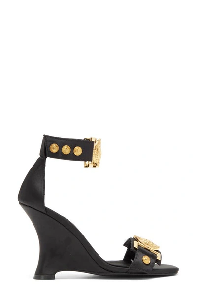 Shop Jeffrey Campbell Leonite Wedge Sandal In Black Satin Gold