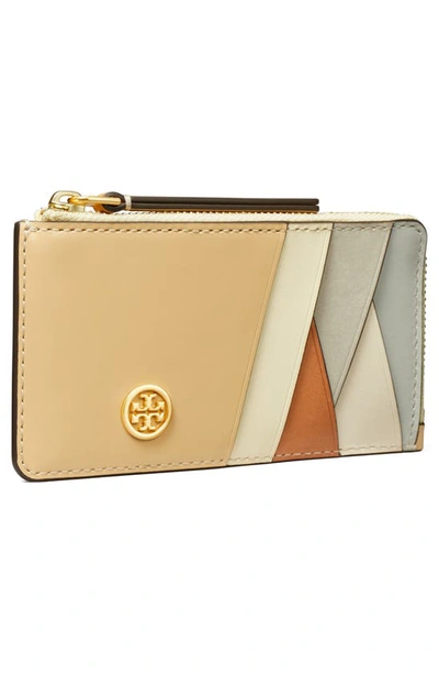 Shop Tory Burch Robinson Patchwork Leather Top Zip Card Case In Custard