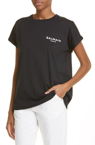 Shop Balmain Flocked Logo Cotton Graphic T-shirt In Eab Black/ White
