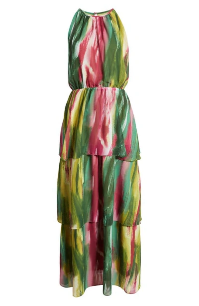 Shop Donna Ricco Abstract Print Sleeveless Tiered Maxi Dress In Green Multi