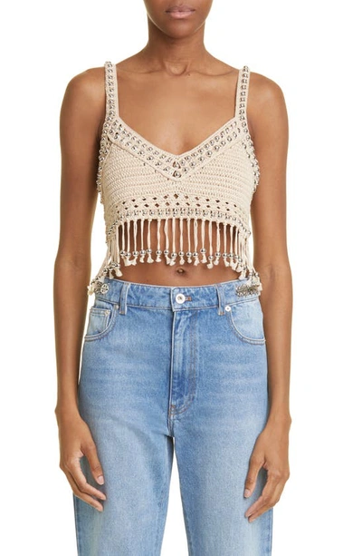 Shop Paco Rabanne Beaded Fringe Crochet Bralette In Shiny Beige