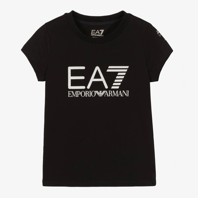Shop Ea7 Emporio Armani Girls Black & Silver Cotton T-shirt