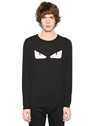 Shop Fendi Intarsia Monster Eyes Wool Knit Sweater In Black/white