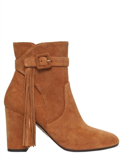 Aquazzura 85mm Christina Suede Boots With Fringe In Tan
