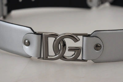 Shop Dolce & Gabbana Metallic Leather Dg Logo Metal Buckle Men's Belt In Silver