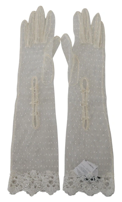 Shop Dolce & Gabbana Lace Elbow Length Mitten Cotton Women's Gloves In White