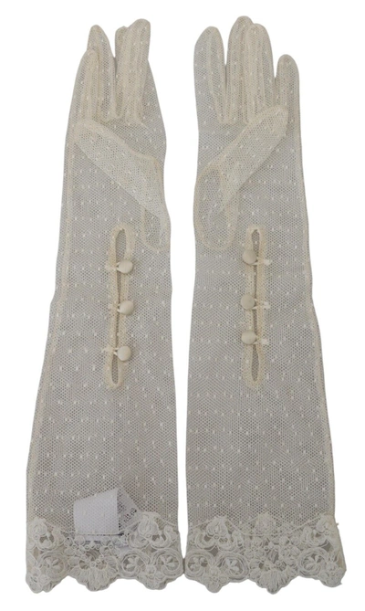 Shop Dolce & Gabbana Lace Elbow Length Mitten Cotton Women's Gloves In White