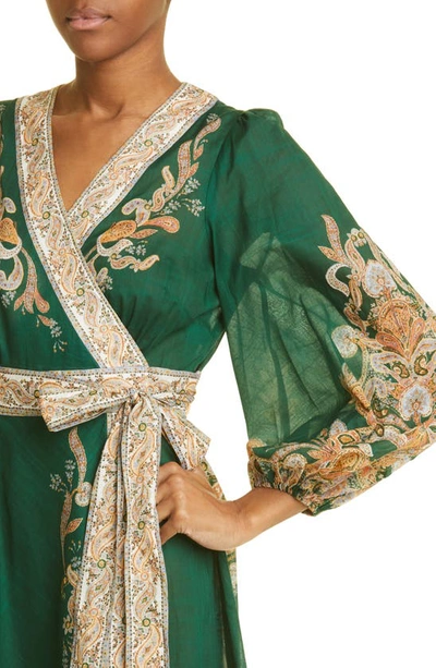 Shop Zimmermann Devi Placed Paisley Balloon Sleeve Cotton Wrap Dress In Emerald / Paisley