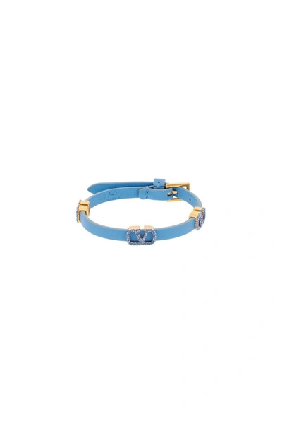 Shop Valentino Garavani Vlogo Signature Leather Bracelet In Blue