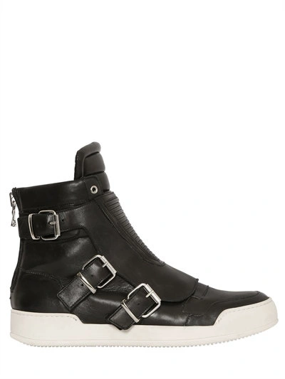 Balmain Belted Leather High Top Sneakers, Black