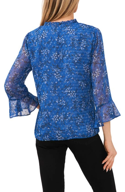 Cece Floral Ruffle Sleeve Clip Dot Blouse In Cerulean Dusk