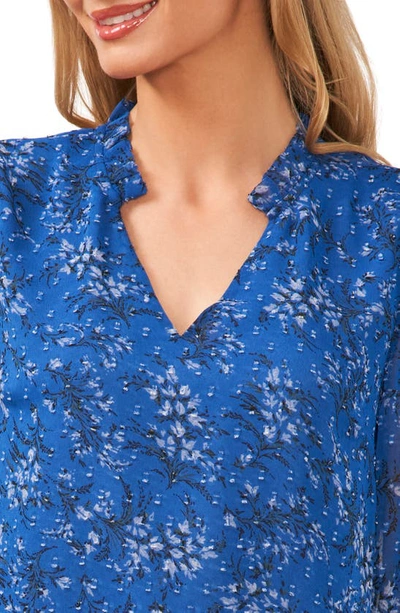 Cece Floral Ruffle Sleeve Clip Dot Blouse In Cerulean Dusk