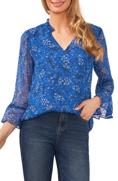 Cece Floral Ruffle Sleeve Clip Dot Blouse In Cerulean Dusk