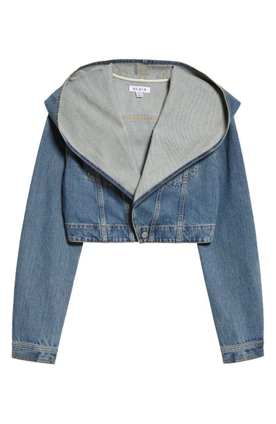 Shop Alaïa Hooded Crop Denim Jacket In Bleu Vintage