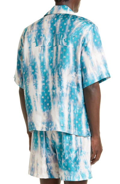 Shop Amiri Bleach Tie Dye Bandana Logo Print Silk Bowling Shirt In Aqua