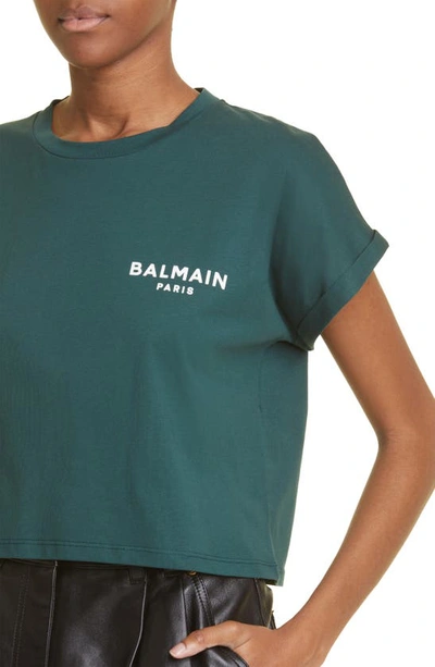 Shop Balmain Flocked Logo Crop T-shirt In Ufk Green/ Multi