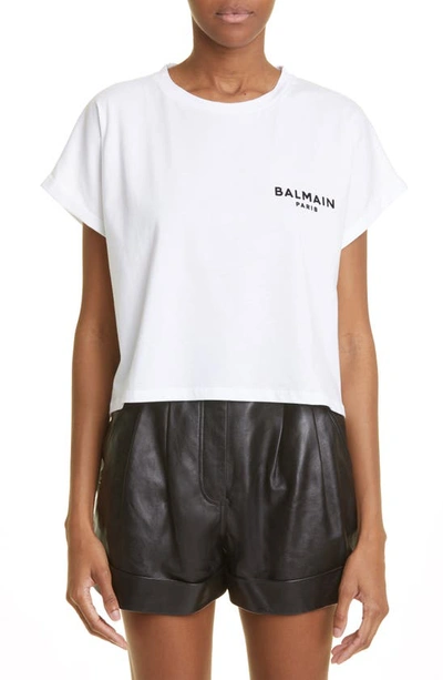 Shop Balmain Flocked Logo Crop T-shirt In Gab White/ Black
