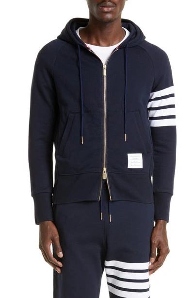 Shop Thom Browne Classic 4-bar Zip Cotton Hoodie In Navy