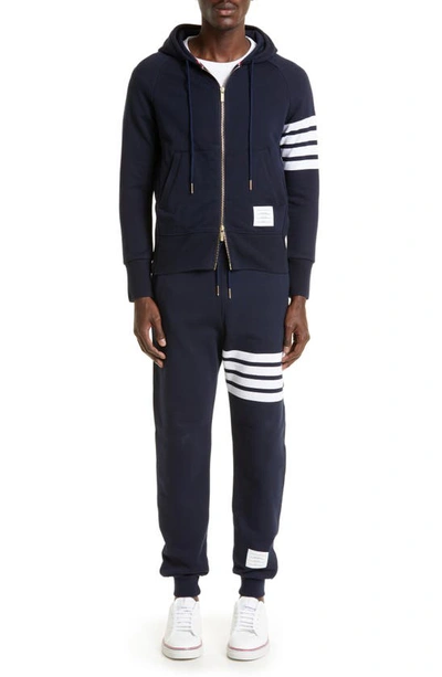 Shop Thom Browne Classic 4-bar Zip Cotton Hoodie In Navy