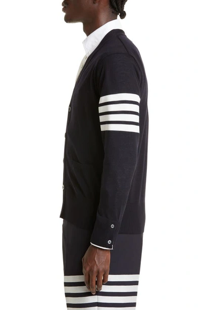 Thom Browne Jersey Stitch Relaxed Fit V Neck Cardigan In Fine Merino Wool With 4 Bar Stripes In Navy