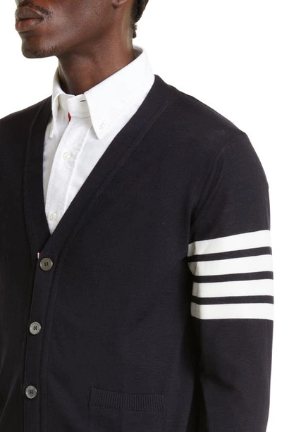 Thom Browne Jersey Stitch Relaxed Fit V Neck Cardigan In Fine Merino Wool With 4 Bar Stripes In Navy