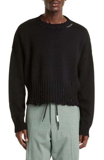 Shop Marni Distressed Crewneck Cotton Sweater In Black