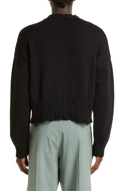 Shop Marni Distressed Crewneck Cotton Sweater In Black