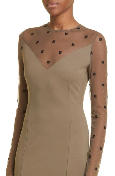 Shop Givenchy 4g Mixed Media Long Sleeve Midi Dress In Dark Khaki