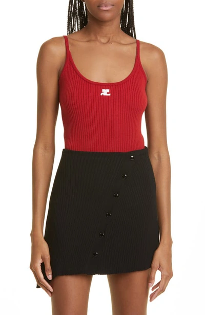 Courrèges Ribbed Texture Spaghetti Straps Top In Red