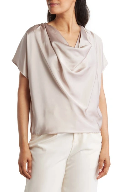 Shop Renee C Cowl Neck Short Sleeve Satin Top In Beige