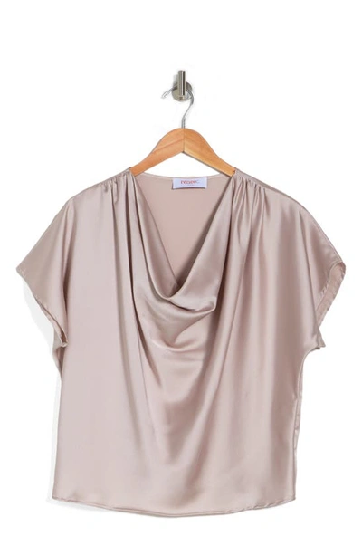 Renee C Cowl Neck Short Sleeve Satin Top In Beige