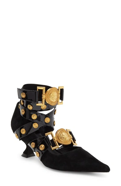 Shop Jeffrey Campbell Leos Ankle Wrap Kitten Heel Pump In Black Suede Gold