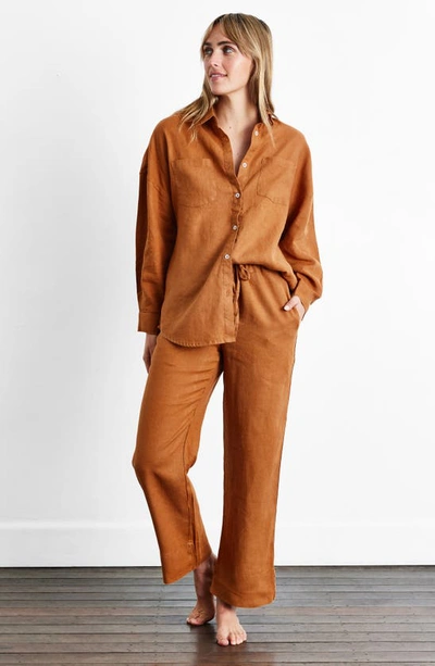 Shop Bed Threads Long Sleeve Linen Button-up Shirt In Rust