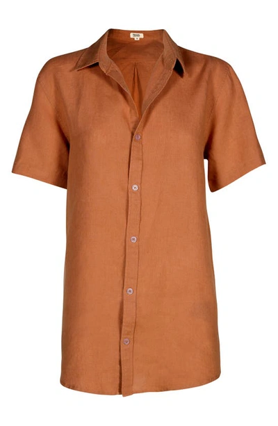Shop Bed Threads Short Sleeve Linen Button-up Shirt In Rust