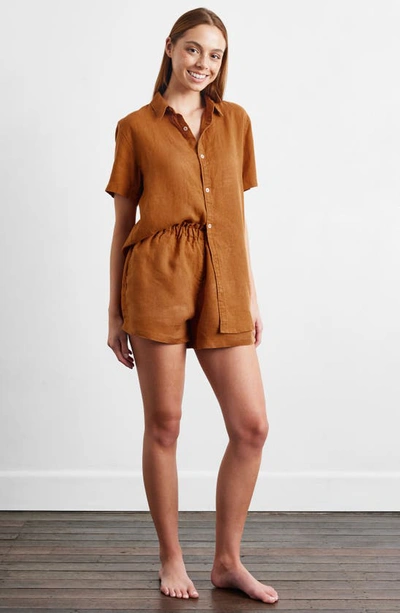 Shop Bed Threads Short Sleeve Linen Button-up Shirt In Rust