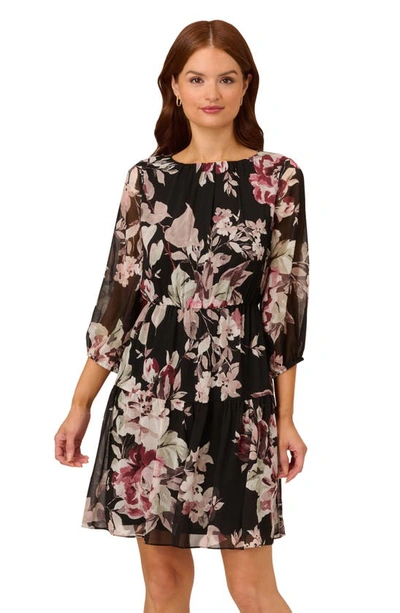 Shop Adrianna Papell Floral Chiffon Dress In Black Multi