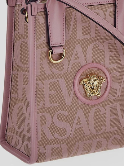 Shop Versace All-over Logo Mini Tote Bag In Beige+baby Pink New+ Go