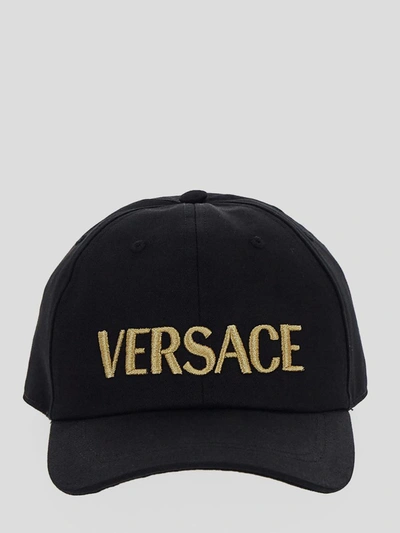 Shop Versace Logo Embroidery Baseball Cap In Black+gold