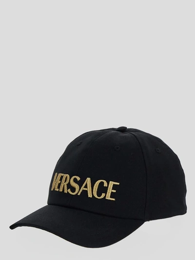 Shop Versace Logo Embroidery Baseball Cap In Black+gold