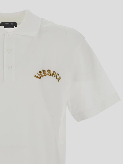 Shop Versace Logo Embroidery Polo Shirt In Optical White