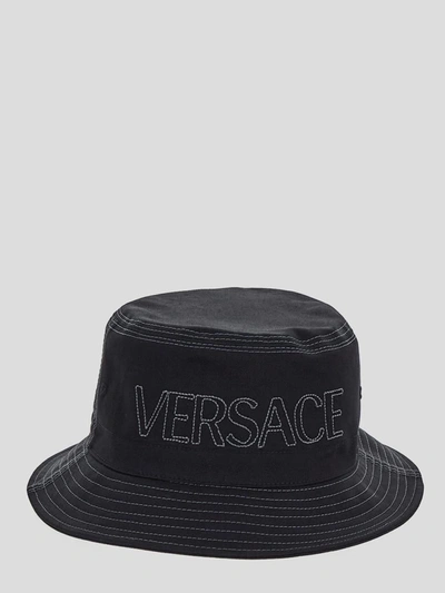 Shop Versace Medusa Drawstring Bucket Hat In Black+grey