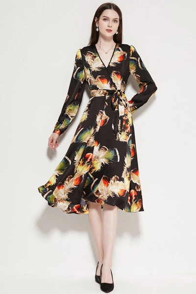 Shop Kaimilan Black & Multicolor Print Day Wrapped V-neck Long Sleeve Below Knee Dress