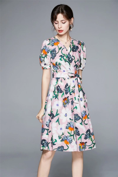 Shop Kaimilan Pink & Floral Print Day A-line V-neck Short Sleeve Above Knee Printed Dress In Multi