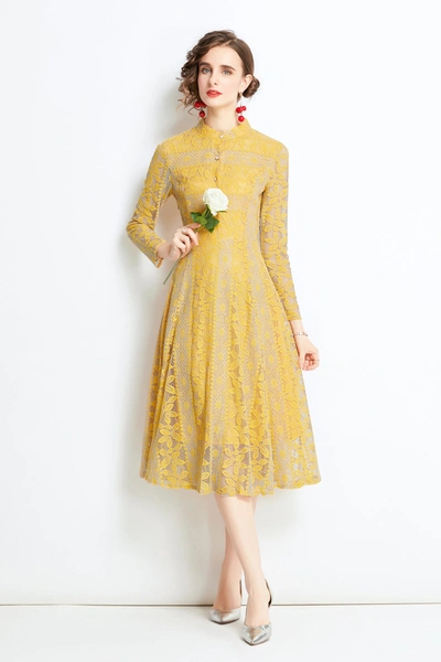 Shop Kaimilan Yellow Evening Buttoned Lace A-line High Neck Long Sleeve Below Knee Dress In Multi