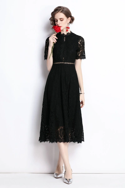 Shop Kaimilan Black Evening A-line Crewneck Short Sleeve Midi Lace Dress In Multi