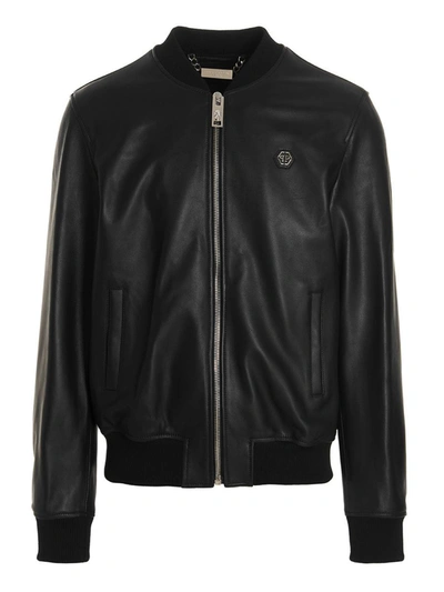 Shop Philipp Plein Logo Leather Bomber Jacket In Black