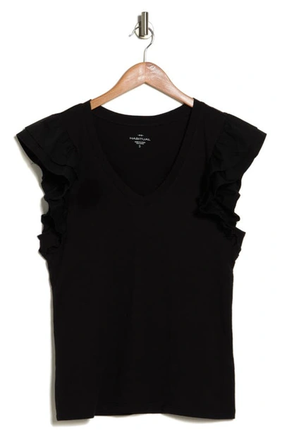 Shop Habitual V-neck Ruffle Poplin Sleeve T-shirt In Black