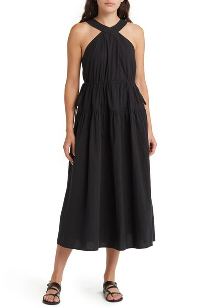 Shop Madewell Halter Tiered Poplin Midi Dress In True Black