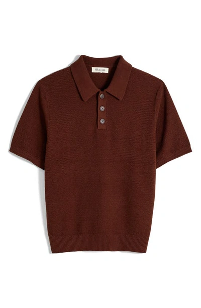 Shop Madewell Textured Short Sleeve Cotton & Linen Sweater Polo In Hot Cocoa
