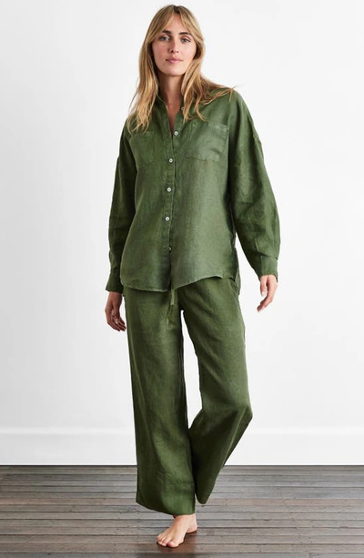 Shop Bed Threads Long Sleeve Linen Button-up Shirt In Olive
